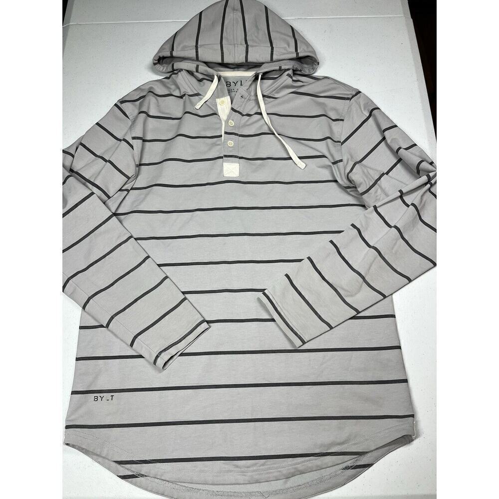 BYLT Drop Cut Hooded Henley Sweatshirt Gray Striped Mens Size M